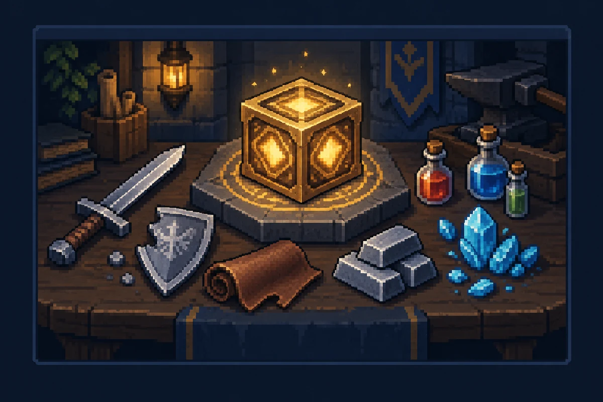 Editorial pixel-art illustration of a glowing Hero-dric Cube surrounded by gear and crafting materials