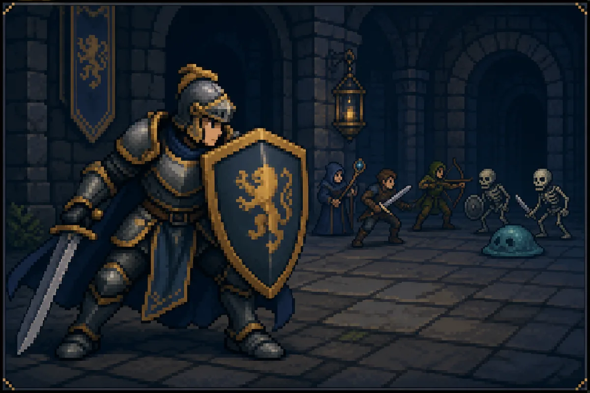 Editorial illustration of an armored Knight holding the front line in a small idle RPG battle