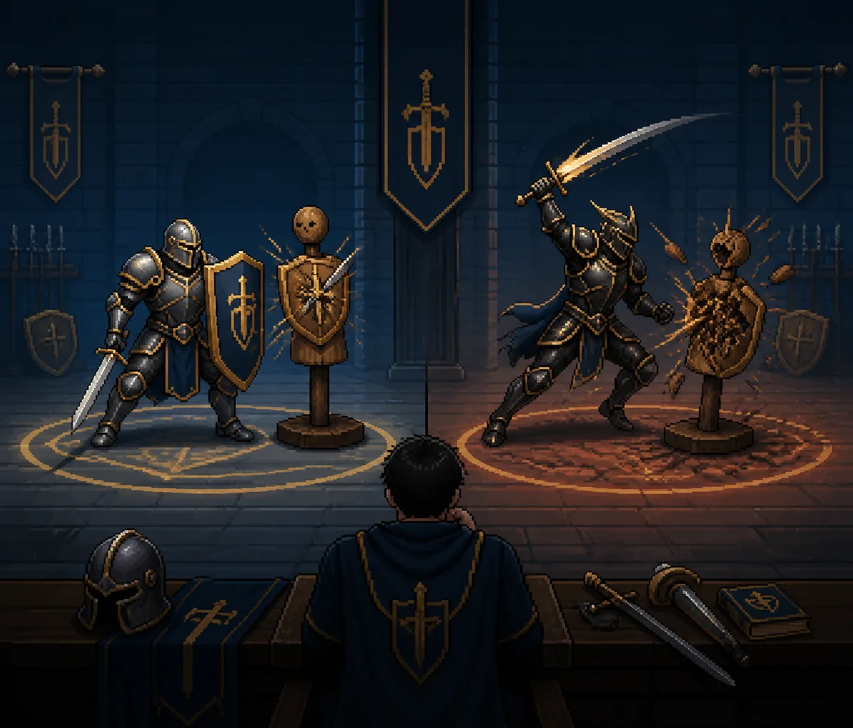 Editorial illustration of a player comparing defensive and aggressive Knight setups in a training room