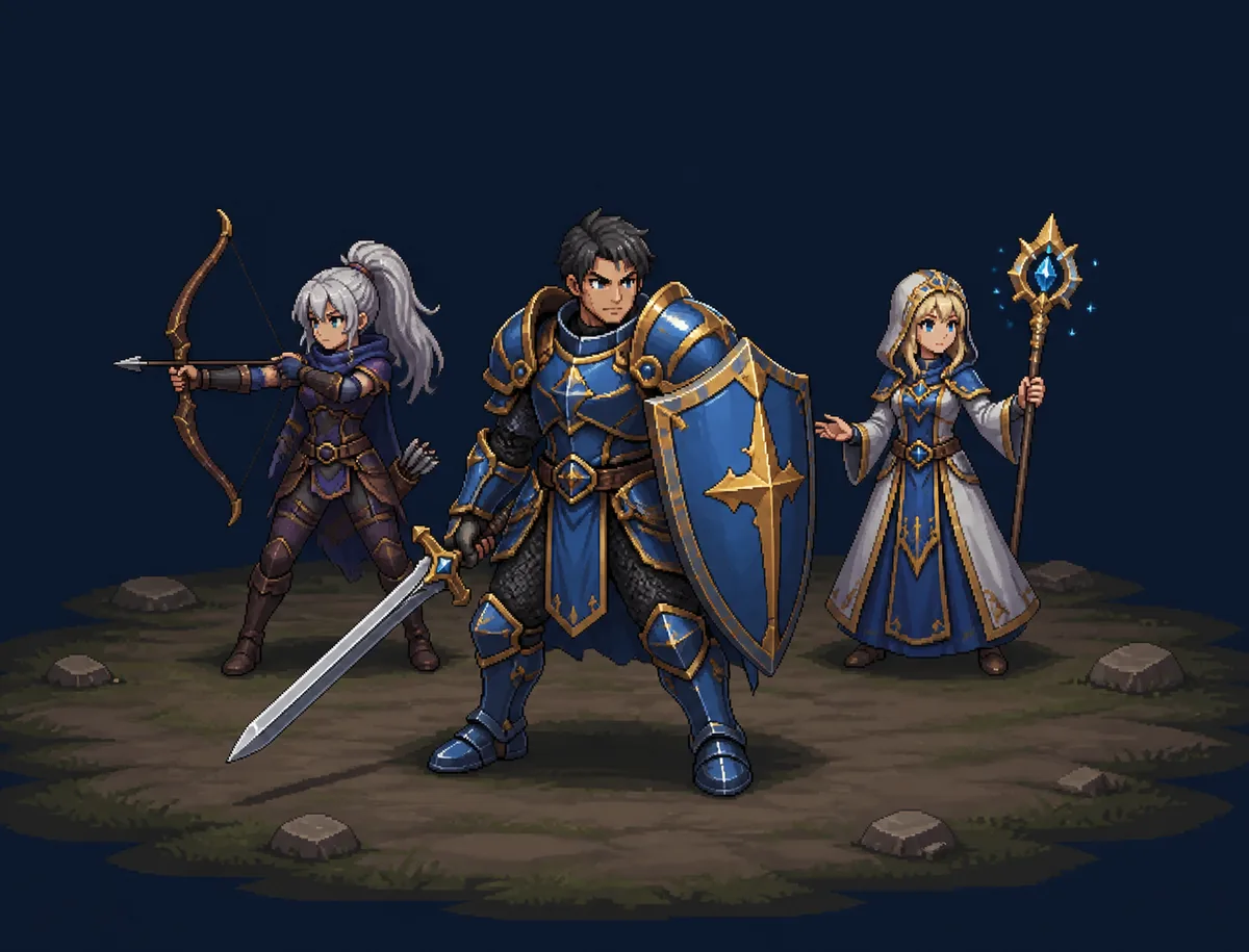 Editorial illustration of a Knight in front of a ranged damage dealer and a support hero
