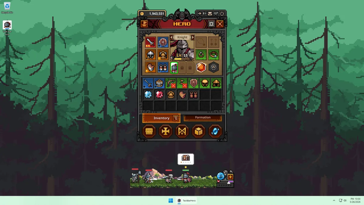 Official Taskbar Hero screenshot showing the compact hero window above the Windows taskbar