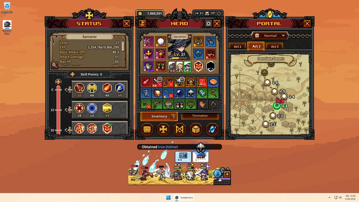Official Taskbar Hero screenshot showing status, inventory, and portal windows