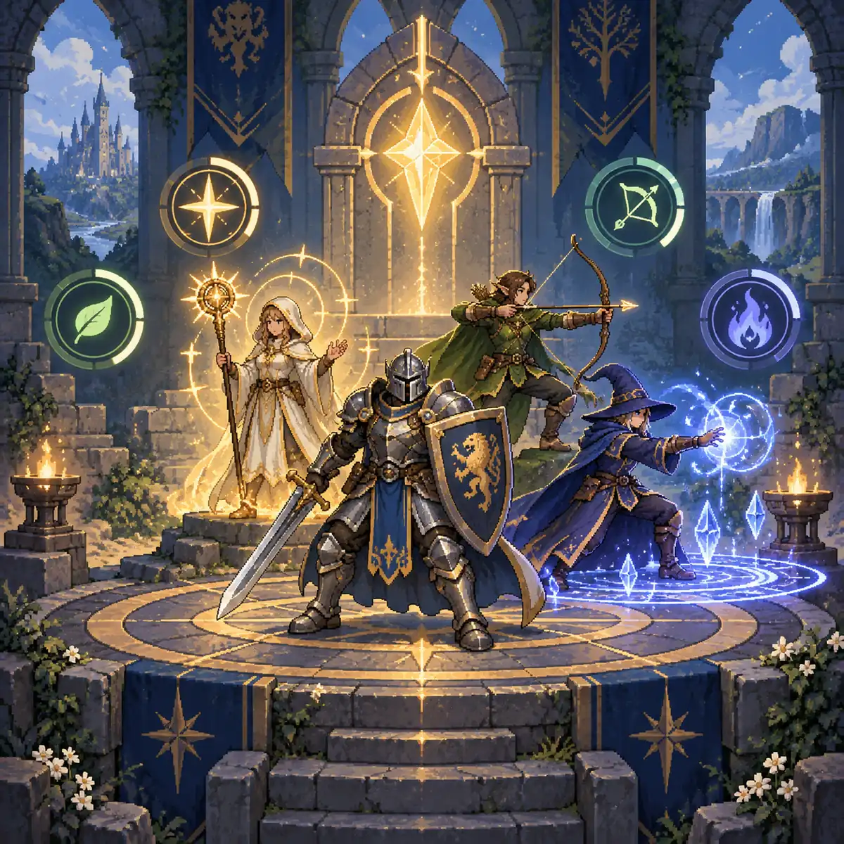 Editorial illustration of Knight, Priest, Ranger and Sorcerer choosing skill effects