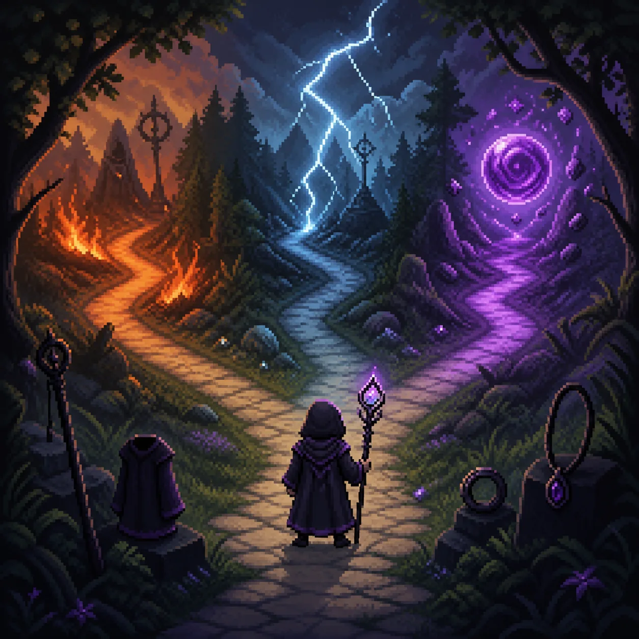 Konzeptillustration eines Pixel-Art-Sorcerers zwischen Feuer-, Blitz- und Arkanpfad